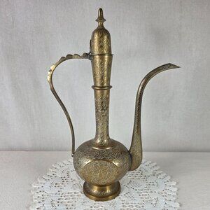 Vintage Hand Engraved Brass Ewer Ornate Middle Eastern Serving Vessel